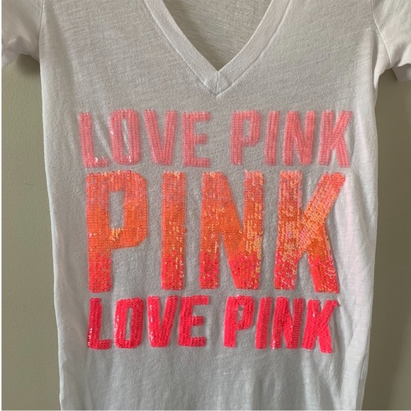 Pink Victoria’s Secret Sequin Letter T-shirt Short sleeve Y2K 2000s White XS - Picture 11 of 12